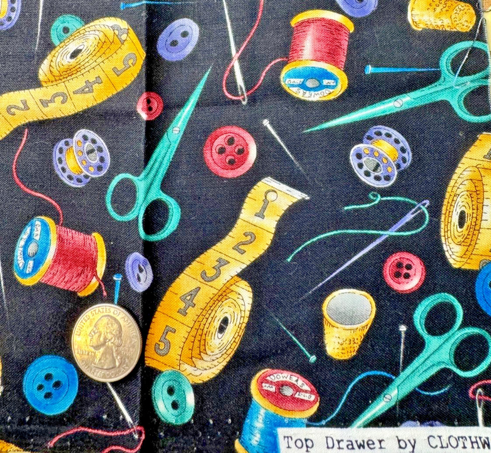 18″ X 21″ Top Drawer Sewing Notions Black Background Cotton Fabric Fat Quarter