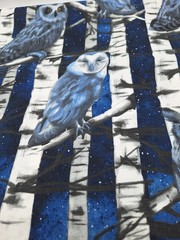 1 7/8 yds Blue and White Owl in birch trees design light Upholstery fabric