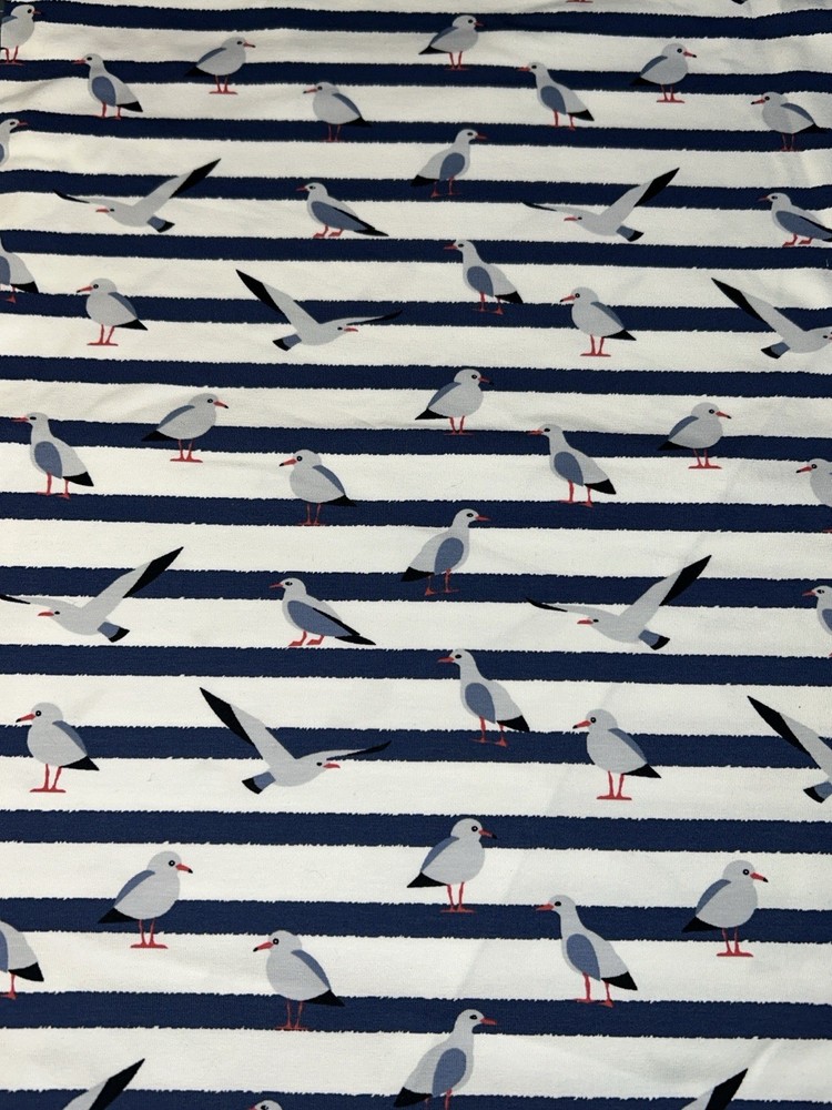 1 Meter Little Darling Knit Jersey Fabric Blue White Stripe Seagulls Yard Cute