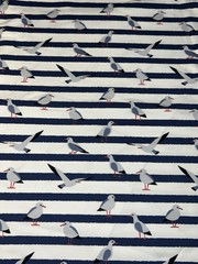 1 Meter Little Darling Knit Jersey Fabric Blue White Stripe Seagulls Yard Cute
