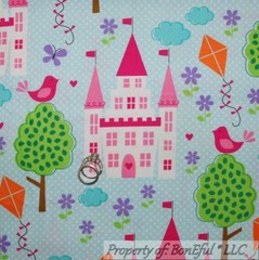 BonEful Fabric FQ Cotton Quilt Blue Pink Princess Girl Castle Bird Kite Flag Dot