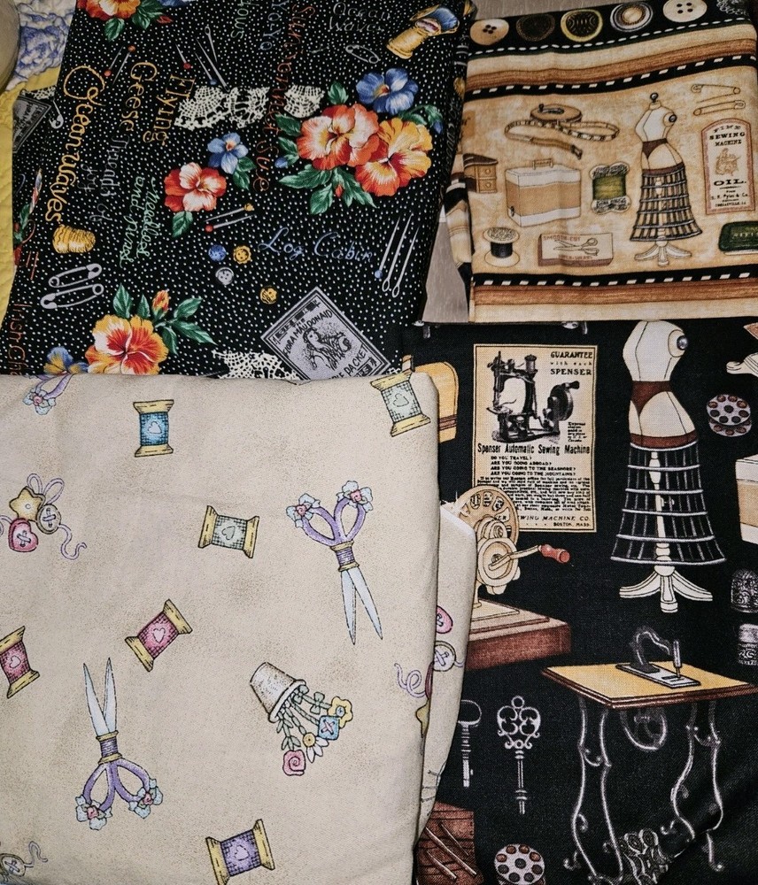 Lot Of 4 Pieces Of Sewing Ephemera Themed Fabrics, Hoffman, Dan Morris Etc Read