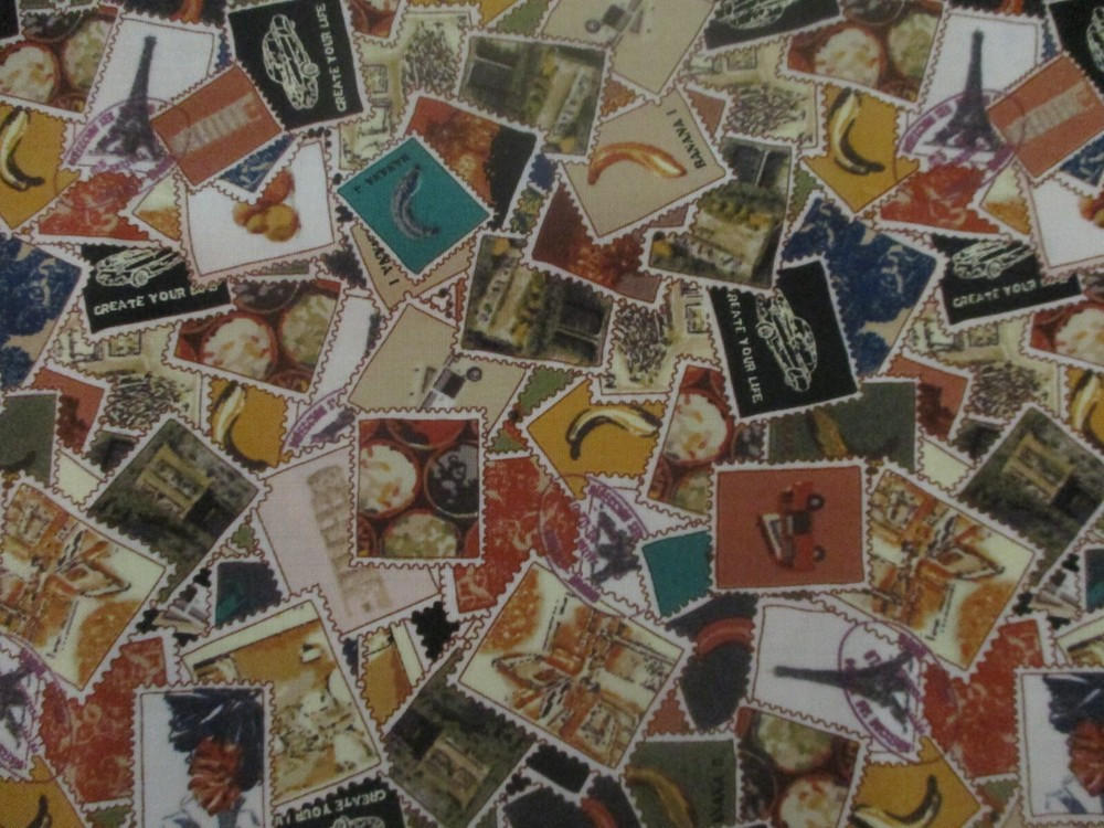 Cotton Fabric Novelty Digital Postage Stamp Print 1/2 Yard for Quilts Crafts