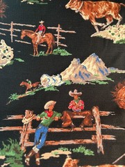 Fabric – Rare Vintage “ROUNDUP” Cowboy By MODA BARKCLOTH Black BTY 36” L x 54″ W