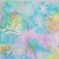 Pastel Blue Pink Yellow Watercolor Tie-Dye Fabric w/ Cats Craft Quilt 54 x 43in
