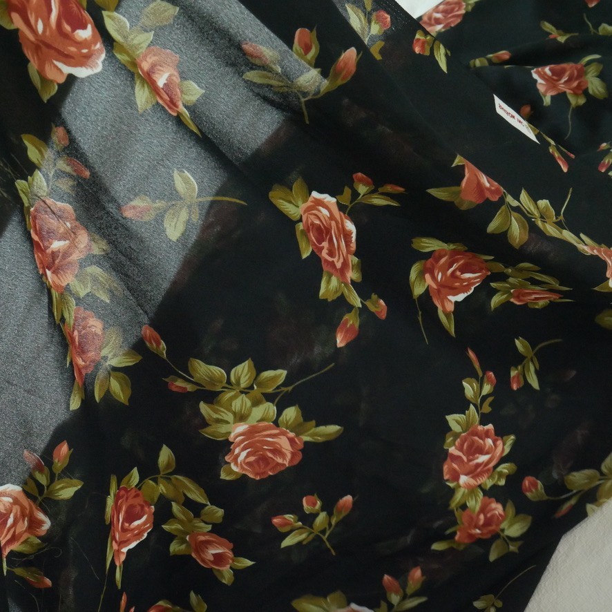Vintage 90s Sheer Chiffon Fabric Black Rose Floral Grunge 4Y x 44″ Polyester