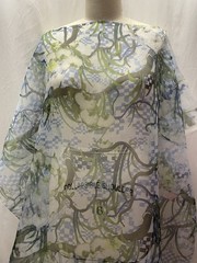 100% Silk Organza Print Abstract Floral Blue Sage Green Fabric By The Yard 44″W