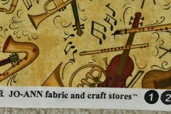 By 1/2 Yd, Burgundy & Tan Musical Instrument on Gold Cotton, Jo-Ann, Mumm, P9222
