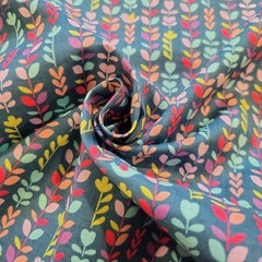 Colorful Floral Vines & Little Birds on Dark Teal Light Cotton Shirting – Japan