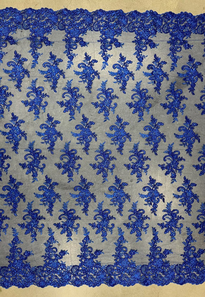 Tess ROYAL BLUE Polyester Floral Embroidery with Sequins on Mesh Lace Fabric by