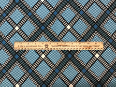 Vtg Cotton Fabric 35″x 3 yds 16″ Square Geometric Pattern Teal Blue Black White