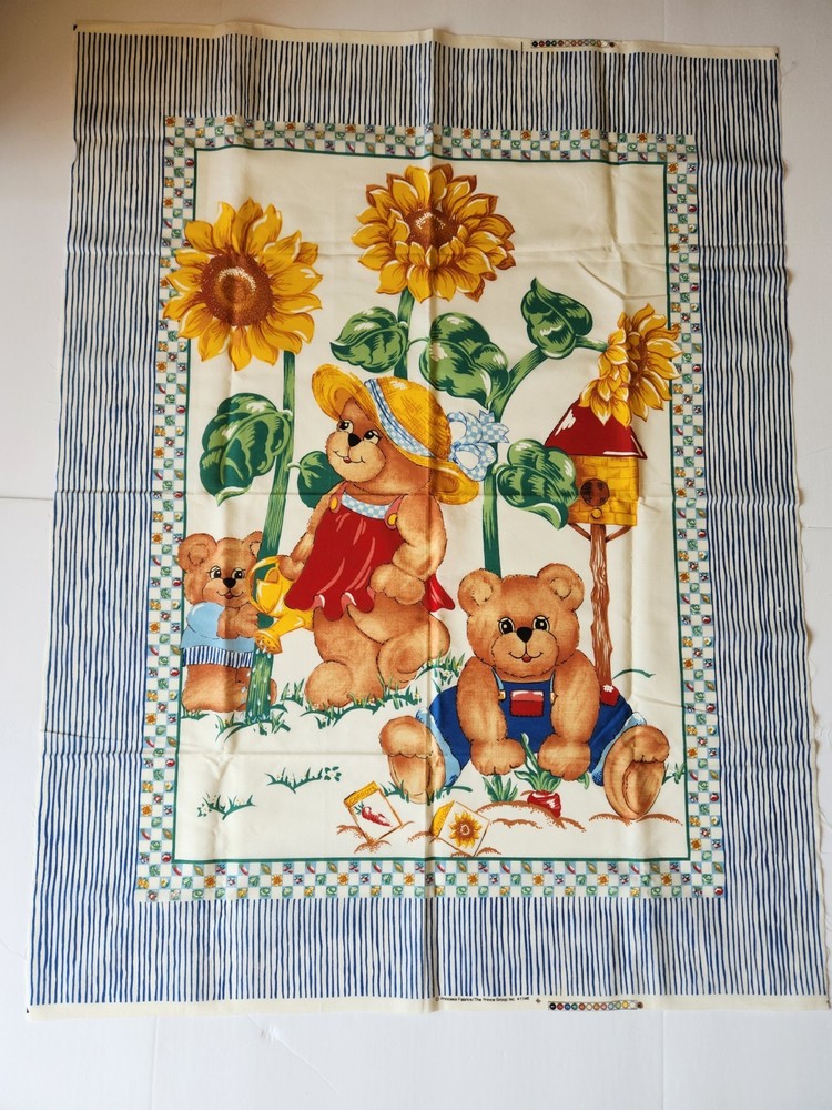 Vtg Teddy Bear Sunflower Theme Fabric Panel Quilt Blanket Sewing Wall Hang Baby