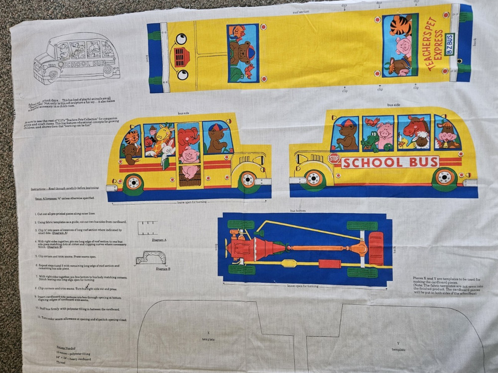 VTG VIP Cranston Teachers Pets Stuffed School Bus Cut and Sew Panel