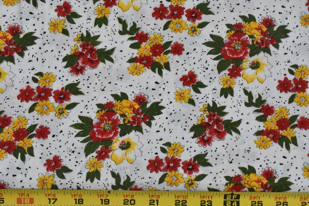 By 1/2 Yd, Vintage, Bright Red Gold & Green Floral on White Quilt Cotton, P92