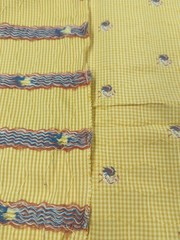 Heavy Yellow and Gold Gingham Check Fabric 2 Yards W/Raised Roosters & Wire.