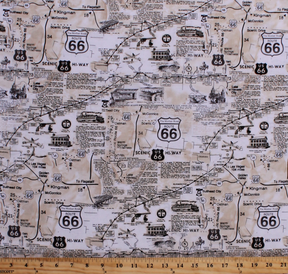 Cotton Vintage Route 66 Map Newspaper Print Travel Fabric Print BTY D578.31