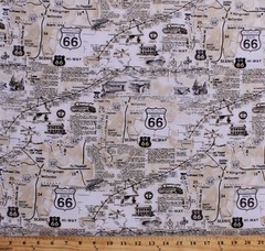 Cotton Vintage Route 66 Map Newspaper Print Travel Fabric Print BTY D578.31