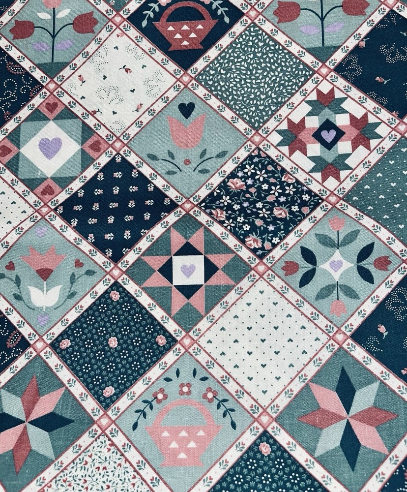 VTG `91 Patchwork 4″ Squares Cheater Shades Blue & Mauve Fabric Tradition BTFQ