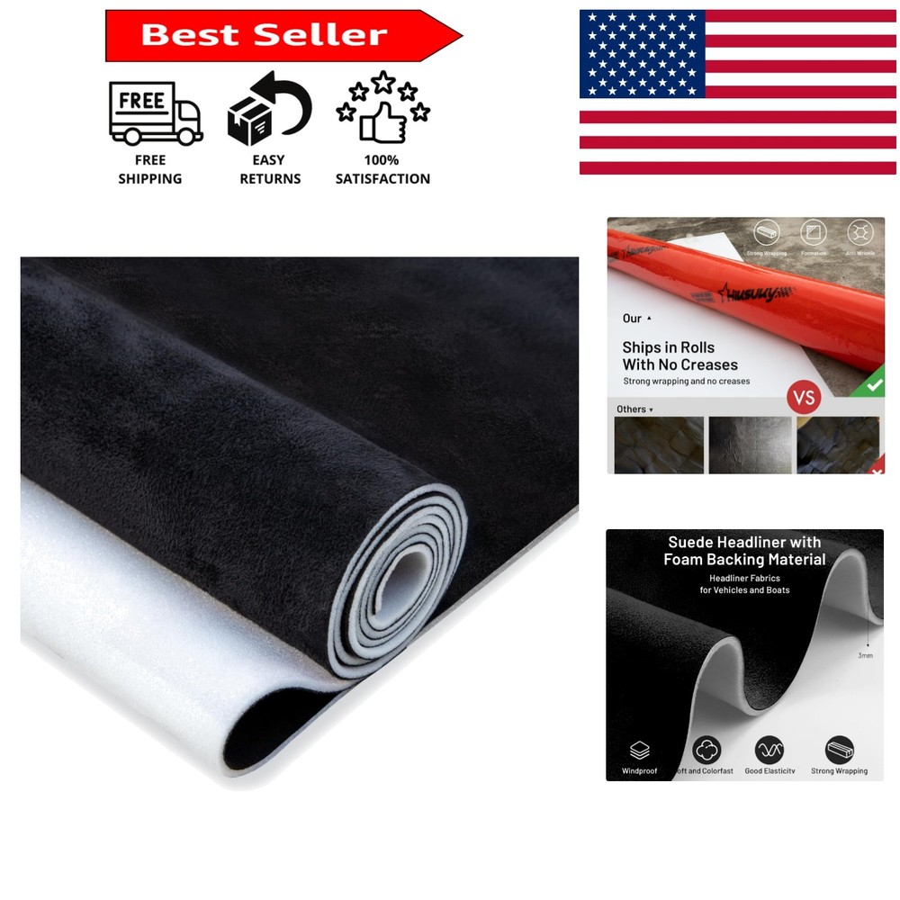 Elegant Black Suede Headliner Material 36”L x 60”W – Tube Packaged for Easy Use
