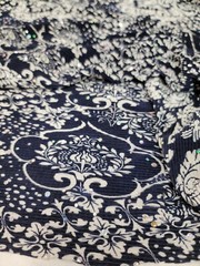 Navy Blue and White Pleated Stretch Fashion Fabric By The Yard Ikat Pattern Dres