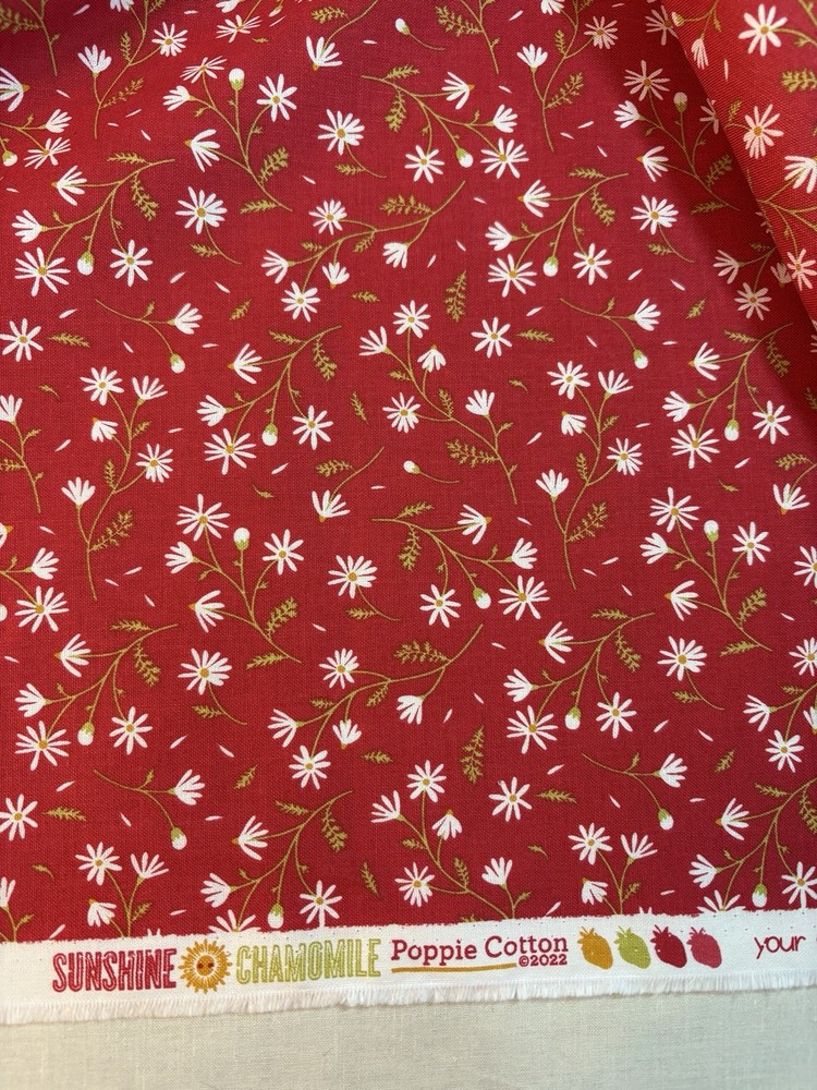 Poppie Cotton quilt fabric Daisy floral dark red olive green by the yard