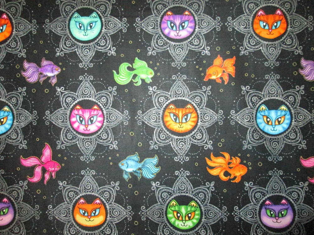 CATS STAR GOLD FISH GOLDFISH SUNSHINE CATS BLACK COTTON FABRIC BTHY