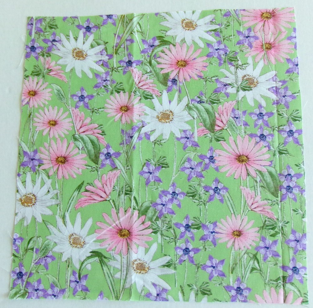 Cotton Fabric Pic D – Pink White Daisies Purple on Green 11 1/4″ L x 11 1/8″ W