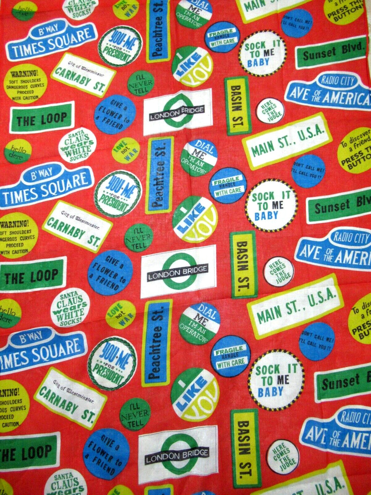 Vtg funny sayings pin button LAUGH-IN 1970s Novelty Print fabric panel 10′ x40″