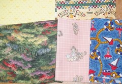 5 fabric lot cotton prints kitchen bear, yellow, forest, pink dolls, sailboats