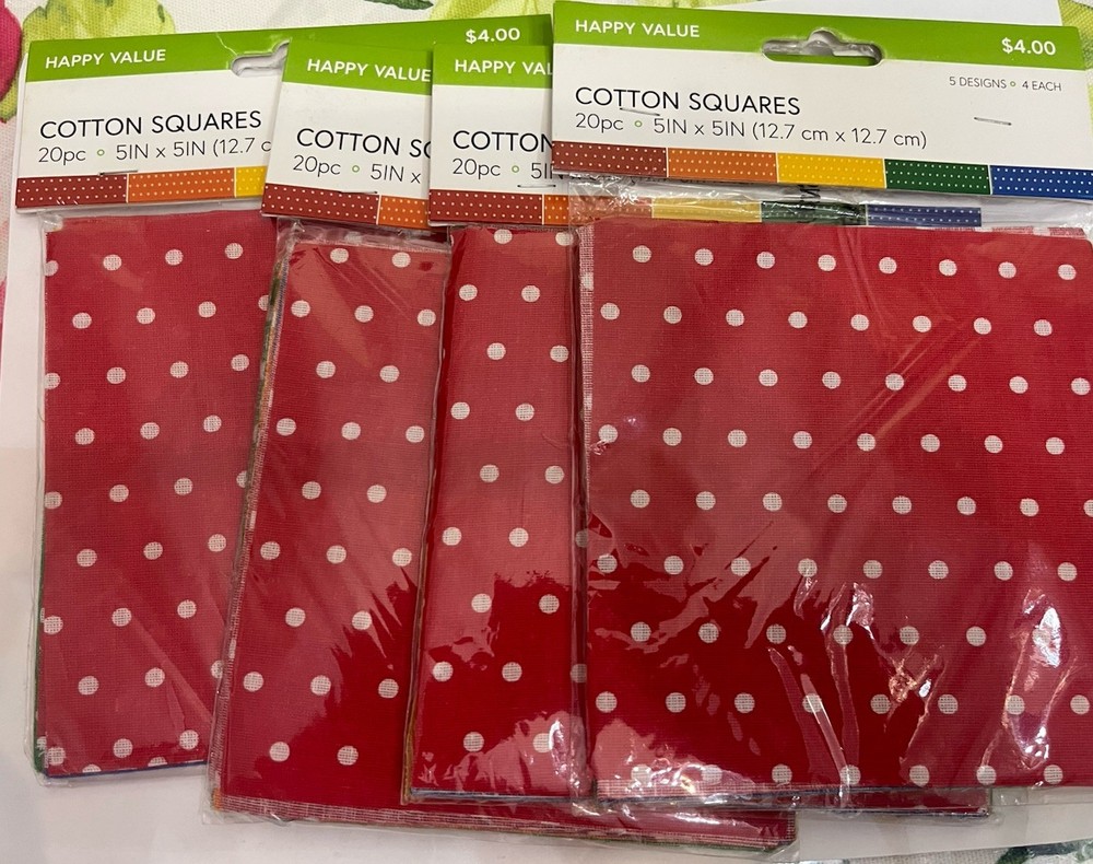 80 5” Squares For Quilting And Crafts. White Polka Dots On Red Green Yellow Blue