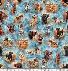 Quilting Treasures – Forest Field And Stream – Hunting Dogs – Blue, BTY