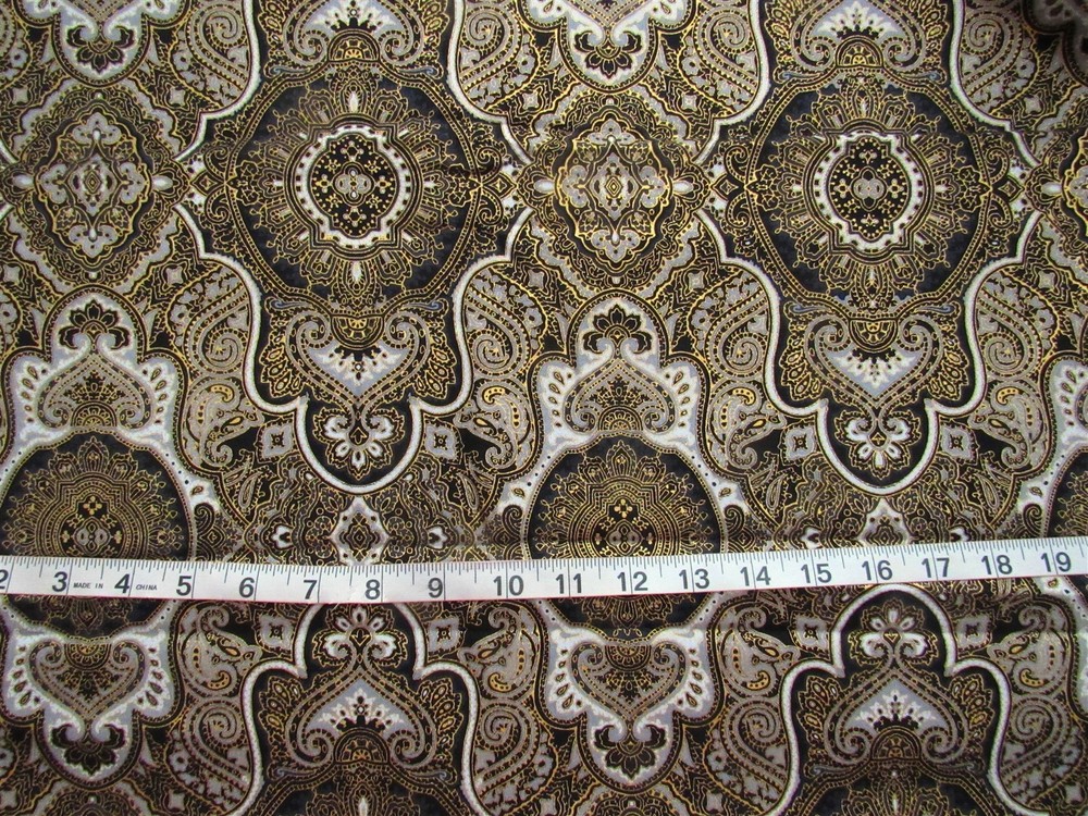 1 yd 100% Cotton Fabric “Buttercream” Metallic Gold, Black, Grey &Pale Grey
