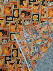 Vintage Retro Style Halloween Orange Black Pumpkin Cat Mummy Fabric 3.5 Yards