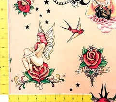 AH295 Skin Deep Tattoos Skulls Tiger Dice Vice Pink COOL Poplin Cotton Fabric