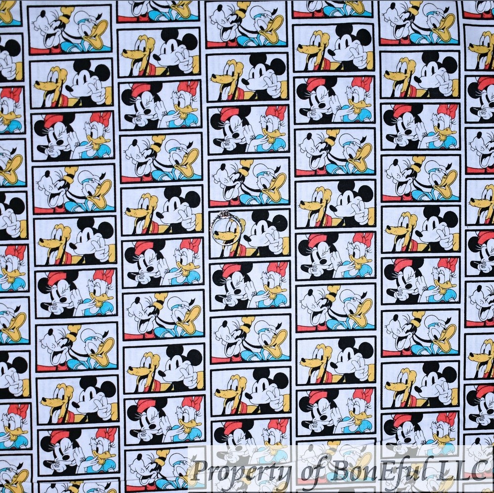 BonEful Fabric FQ Cotton Quilt White B&W Donald Duck Goofy Comic Strip Pluto Dog