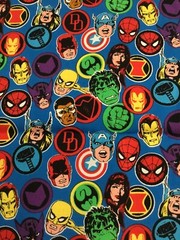 Licensed Marvel Cotton Fabric – Super Hero Stickers on blue background – 1/2 yd