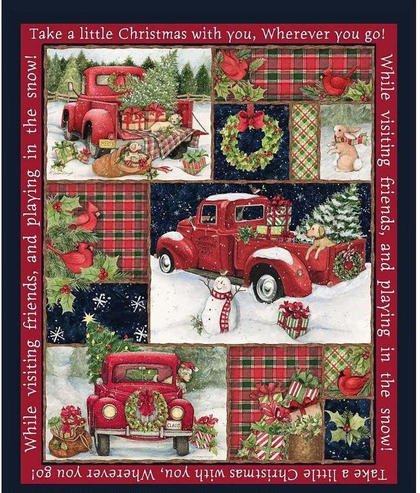 36″ Fabric Panel – Springs Susan Winget Red Truck Christmas Collage Wallhanging