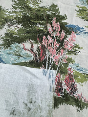 Mid-Century Landscape Pink Green Trees Blue Sky White Cotton Fabric 23″x36″ #55
