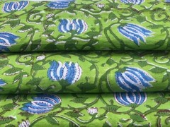 Indian Lime Green and Blue Floral Hand Block Print Cotton Fabric (by the yard)