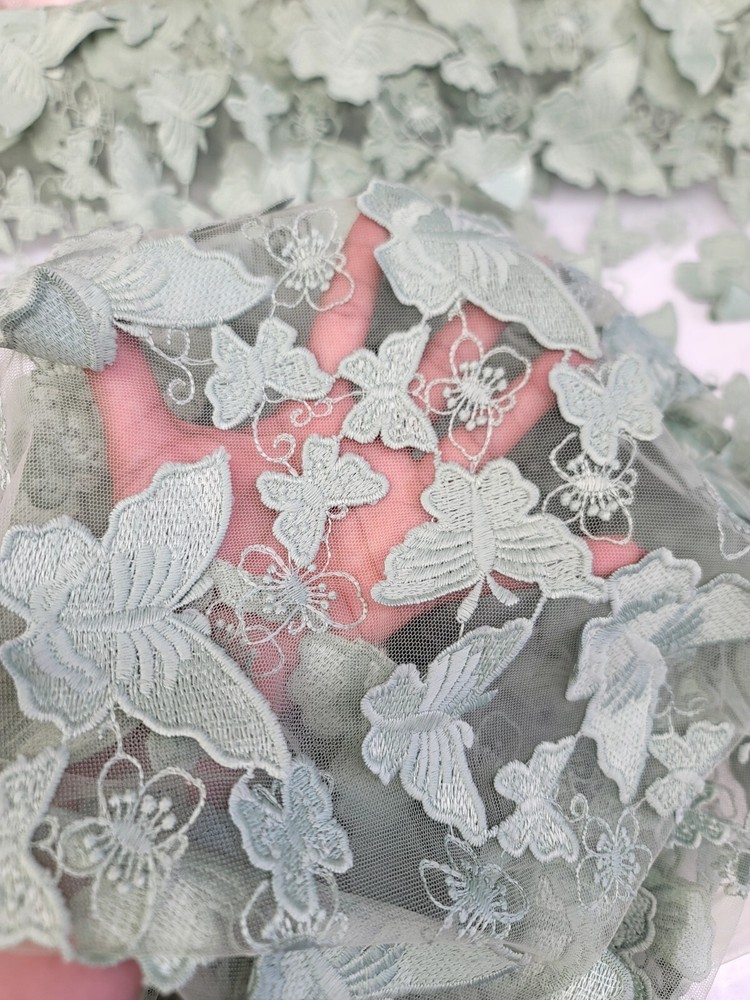 3D Butterfly Design Lace Sage Embroidered 3D Butterfly Lace By Yard For Dress