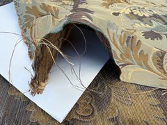 100% Silk Lampas French Pomegranate “whiskey” Blue Tan Gold Historical Design