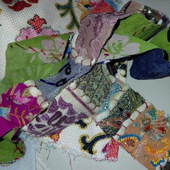 Lot Of embroidered embellishment remnants and fabrics pieces
