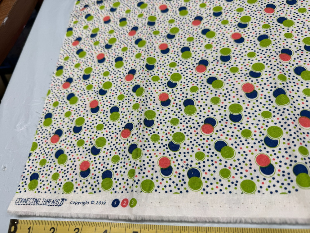 Connecting Threads 2019 Print w Red-Pink Blue Green Dots on Fabric 19″ x 43″