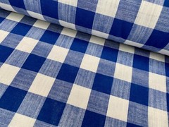 Gingham Checked Linen Fabric Plaid Buffalo Material 150cm wide Royal Blue White
