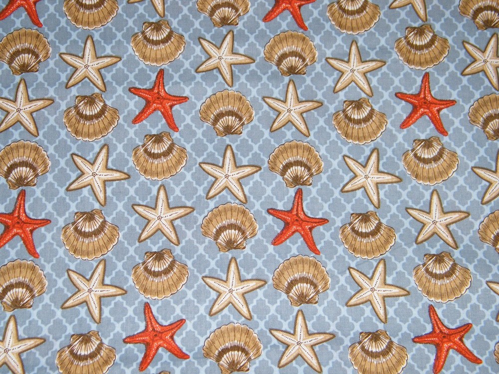 BTY SEASHELLS & STARFISH on Blue Print 100% Cotton Quilt Crafting Fabric by YARD