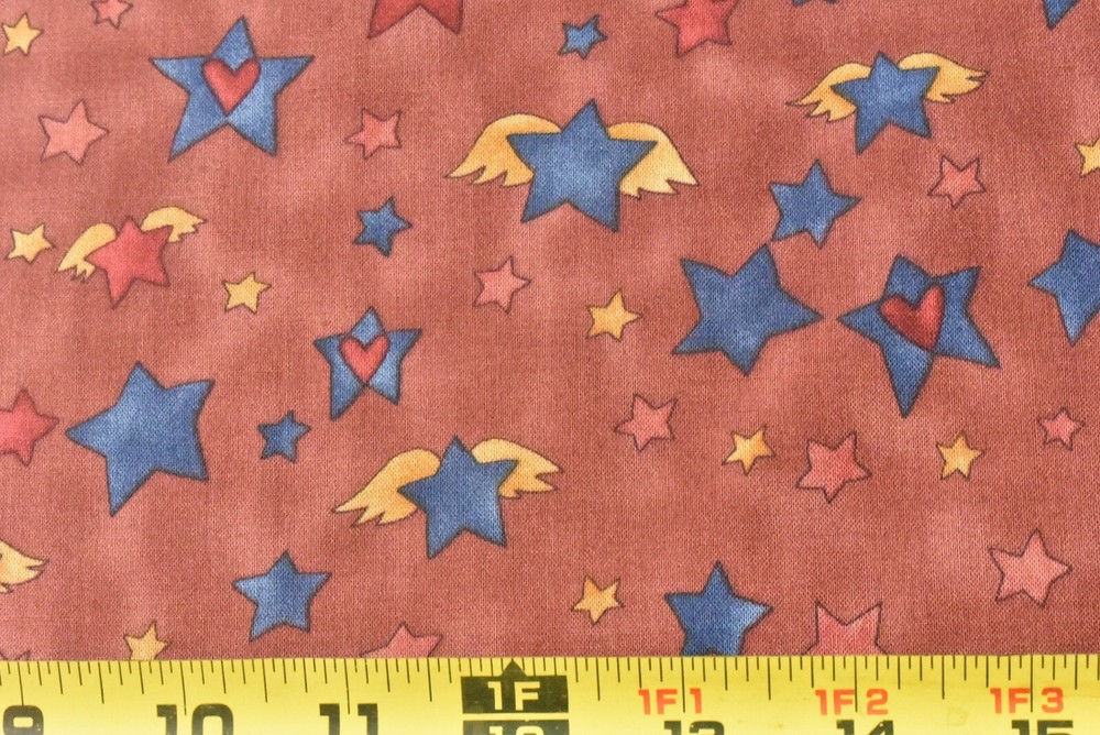 By 1/2 Yd, Stars with Wings & Hearts on Marbled-Rust Cotton, SSI, Kogut, P9304