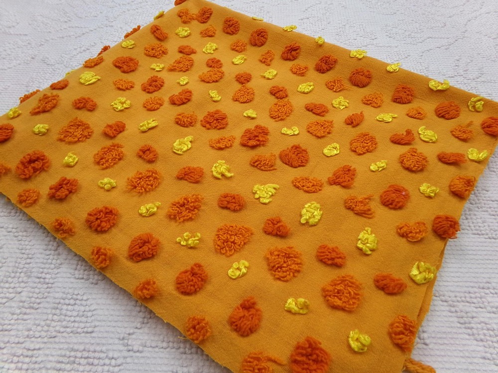 boho vtg chenille bedspread fabric, optic orange multisize cirrus dot 18″ x 24″