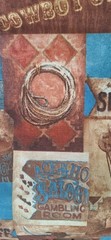 “Way Out West” Boots Sadle Cowboys Gun Rope Brown Blue fabric AYZ 1.25 Cotton