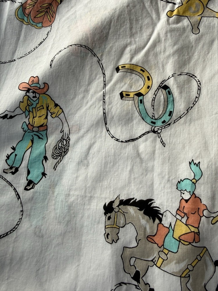 Vintage Fabric Marcus Bros. Western Cowboy Horse Lasso Pastels Teal White 5+ Yds
