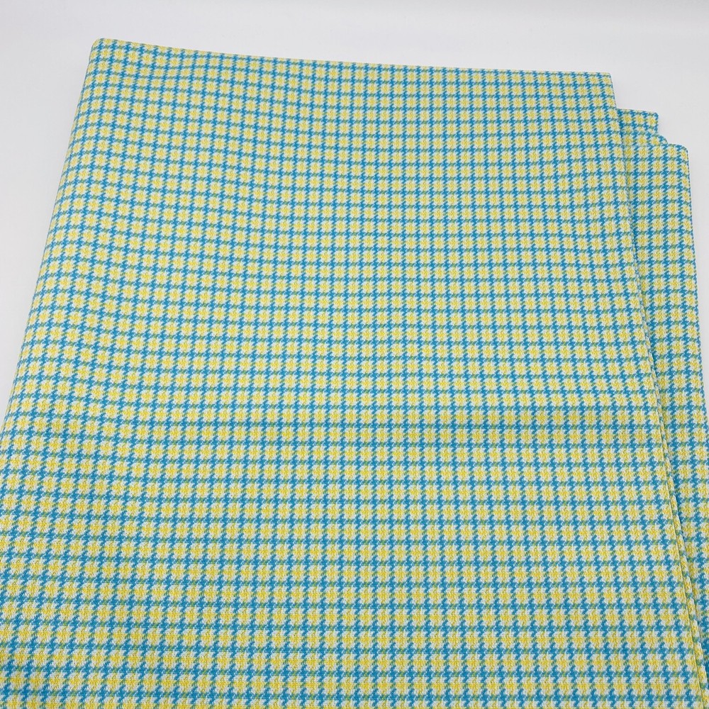 Vintage Small Check Blue Yellow White Print Fabric 62″ x 86″
